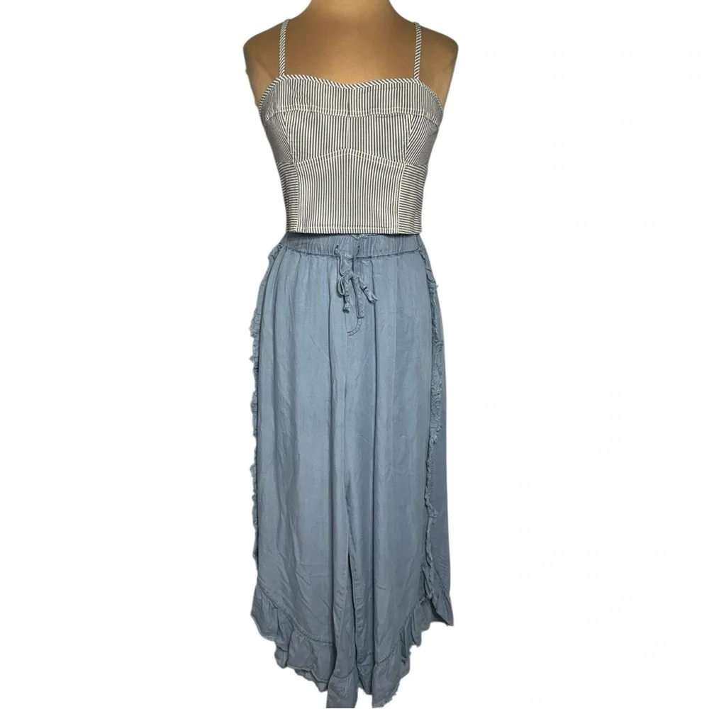 Easel light blue chambray denim wide leg elastic waist pull on pants size Large - Picture 7 of 13